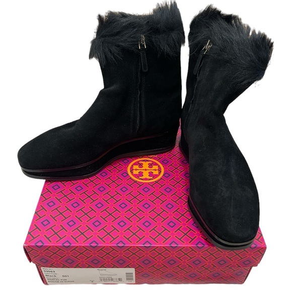 NIB Tory Burch Marcel Fur Bootie Black Suede Size 8 - Picture 1 of 4